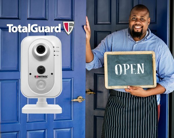 Total guard logo and camera with man holding Open sign